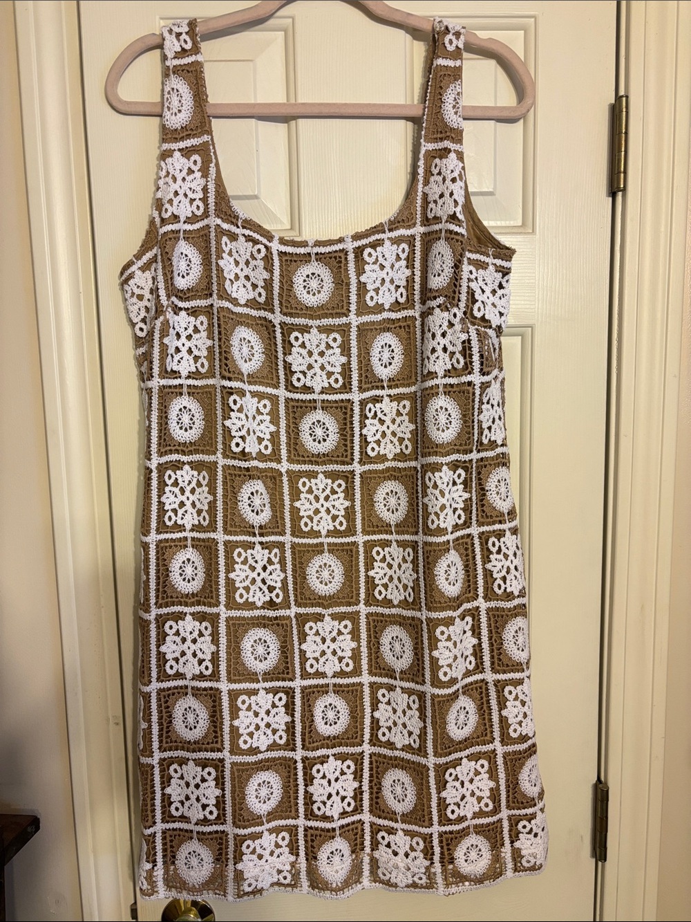 LOFT White Crochet Overlay Tank Dress with Brown Base
